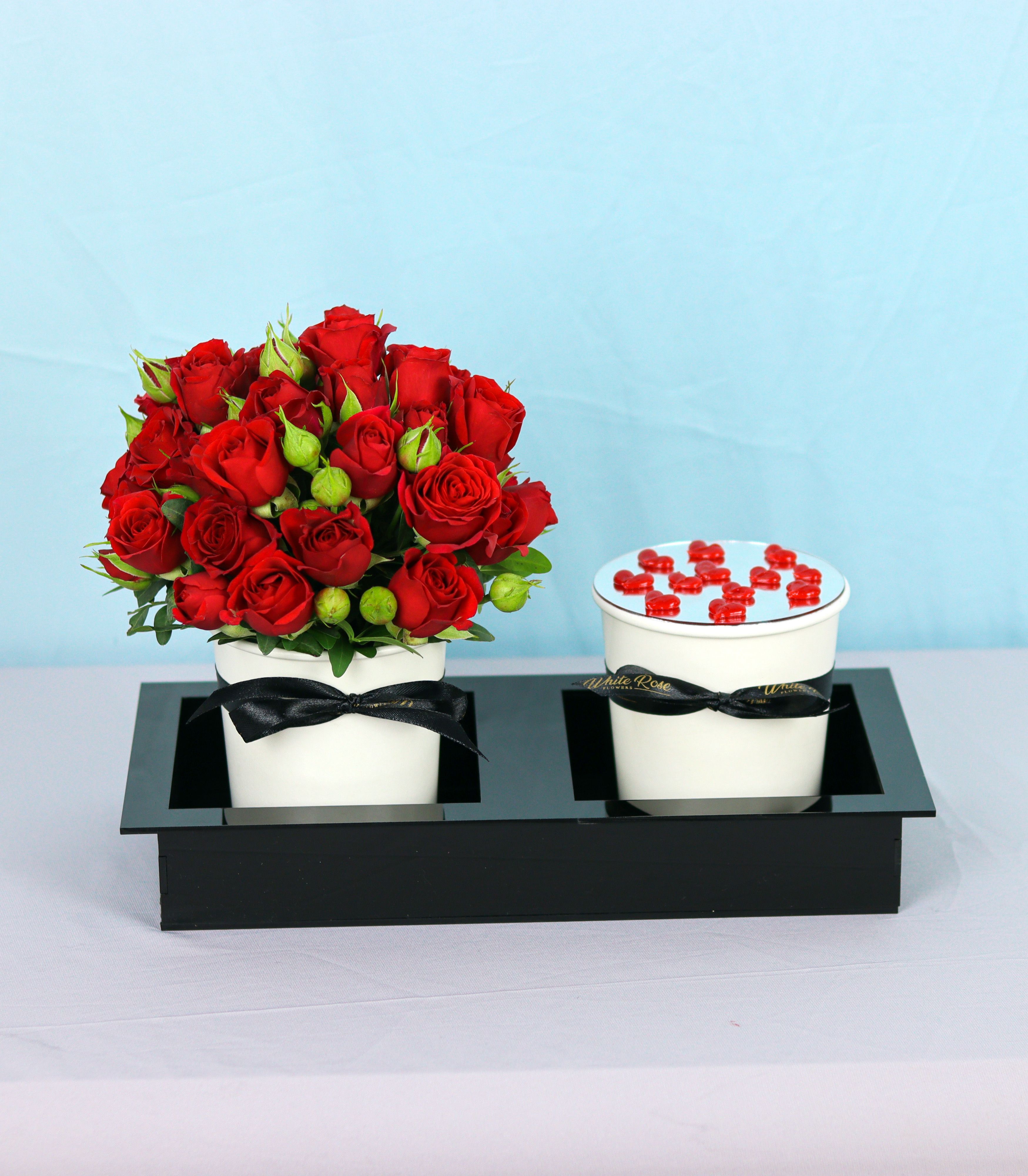 Sweetheart Cup Gift Tray - Red Roses and Cake in Black Acrylic Tray