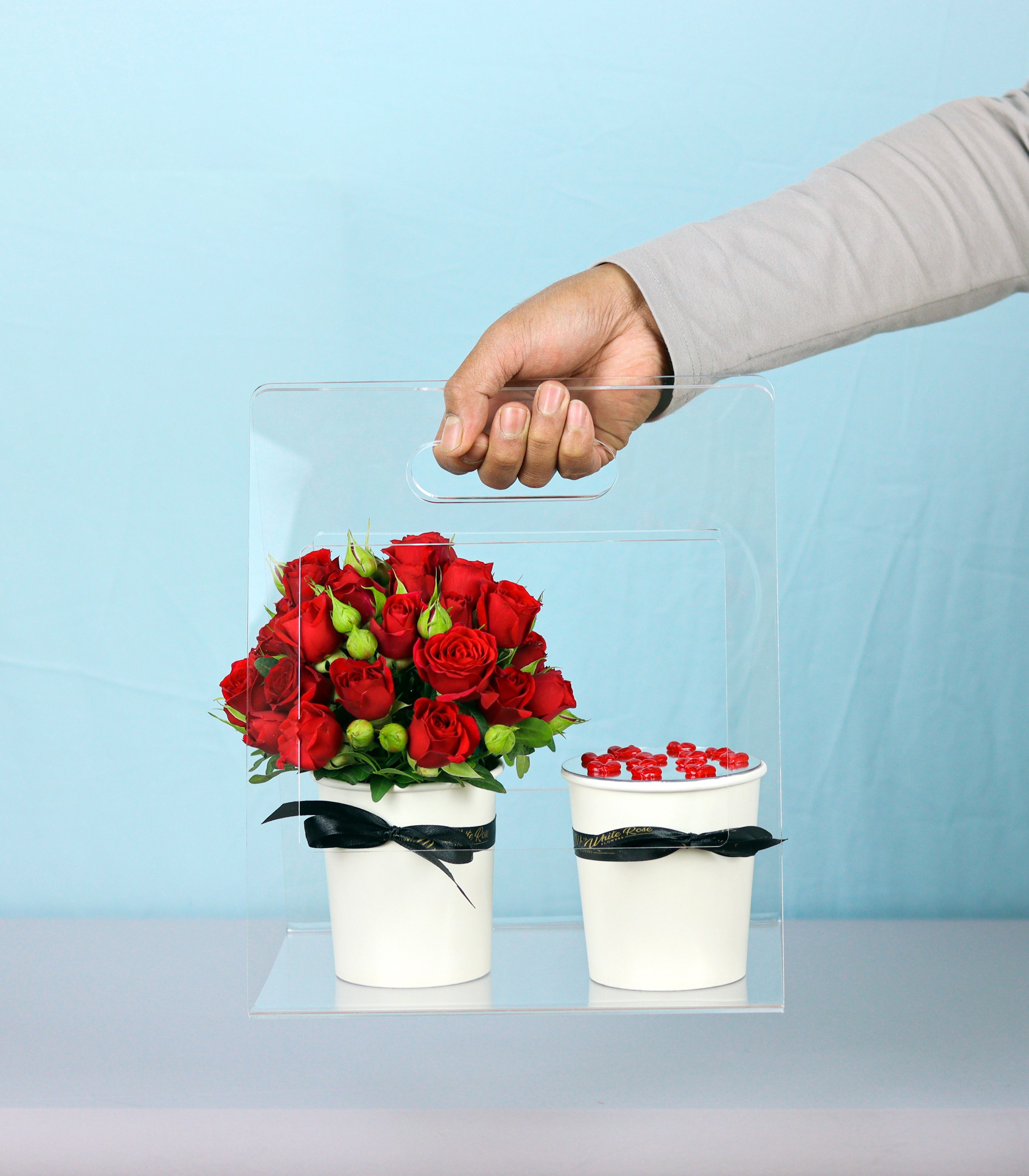 Cup of Love Gift Bag - Red Roses and Cake in Acrylic Bag