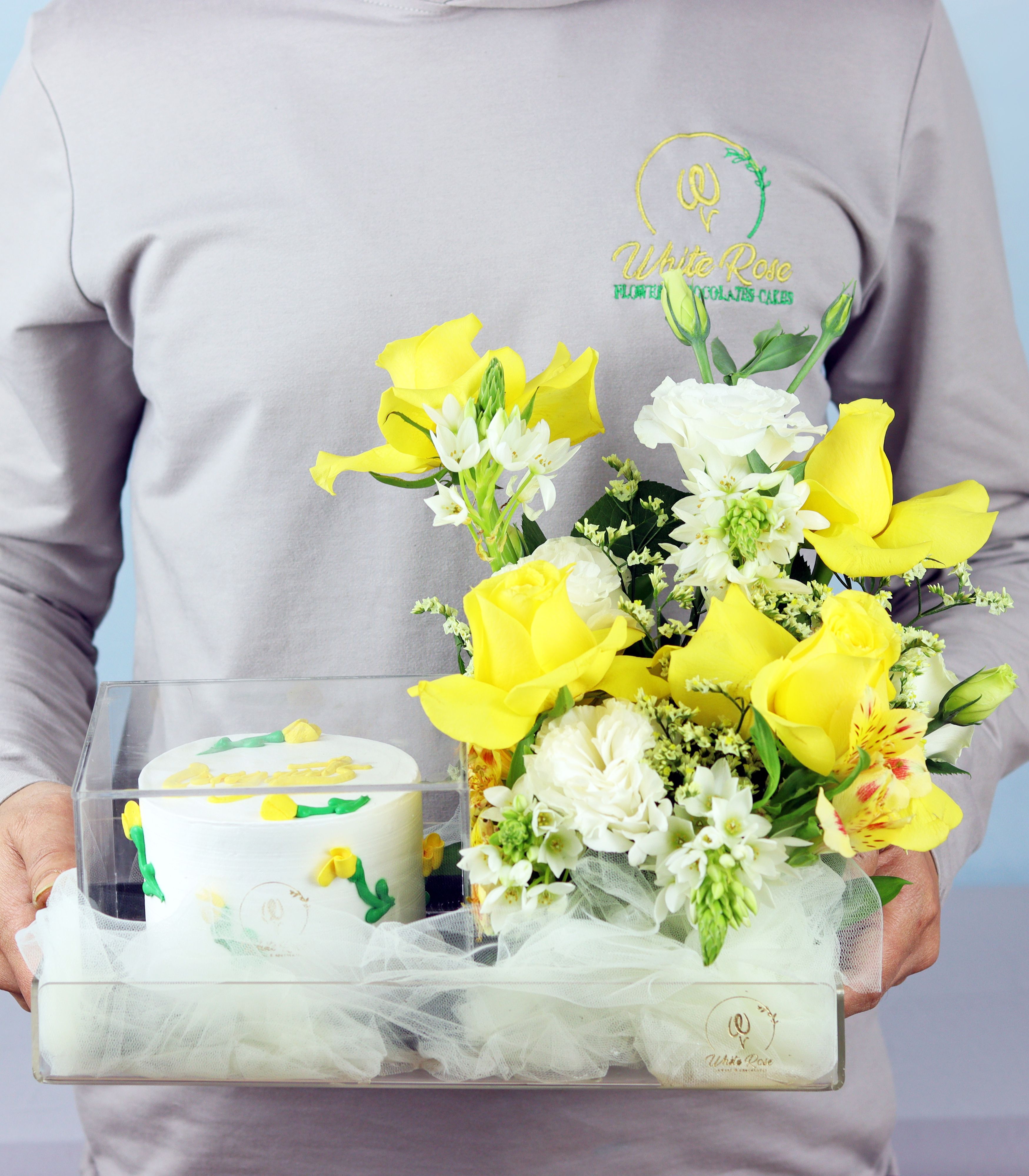 Yellow Roses and Cake Tray - Elegant Flowers with 300g Cake
