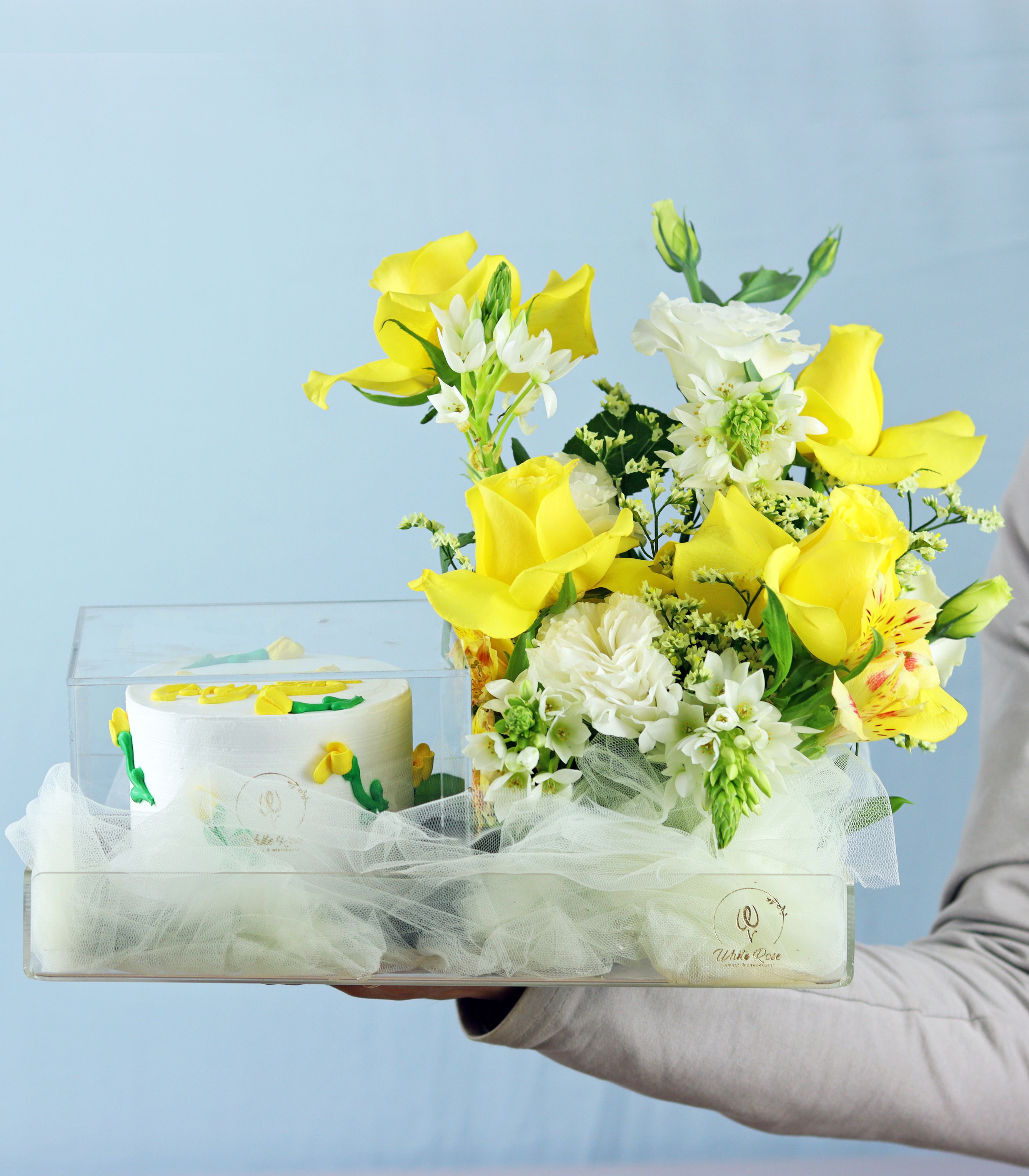 Yellow Roses and Cake Tray - Elegant Flowers with 300g Cake