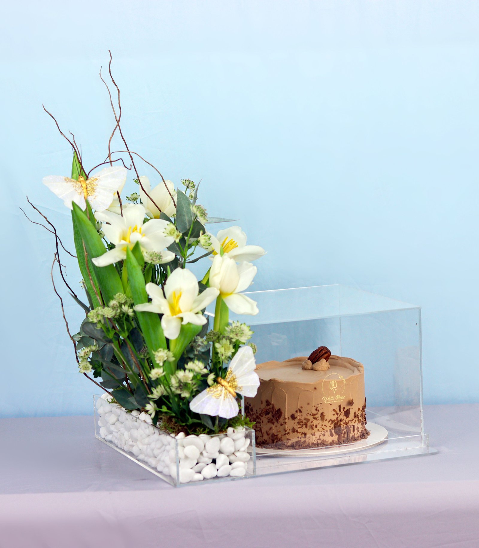 Vibrant Floral Cake - Tulips and Chocolate Cake in Acrylic Box