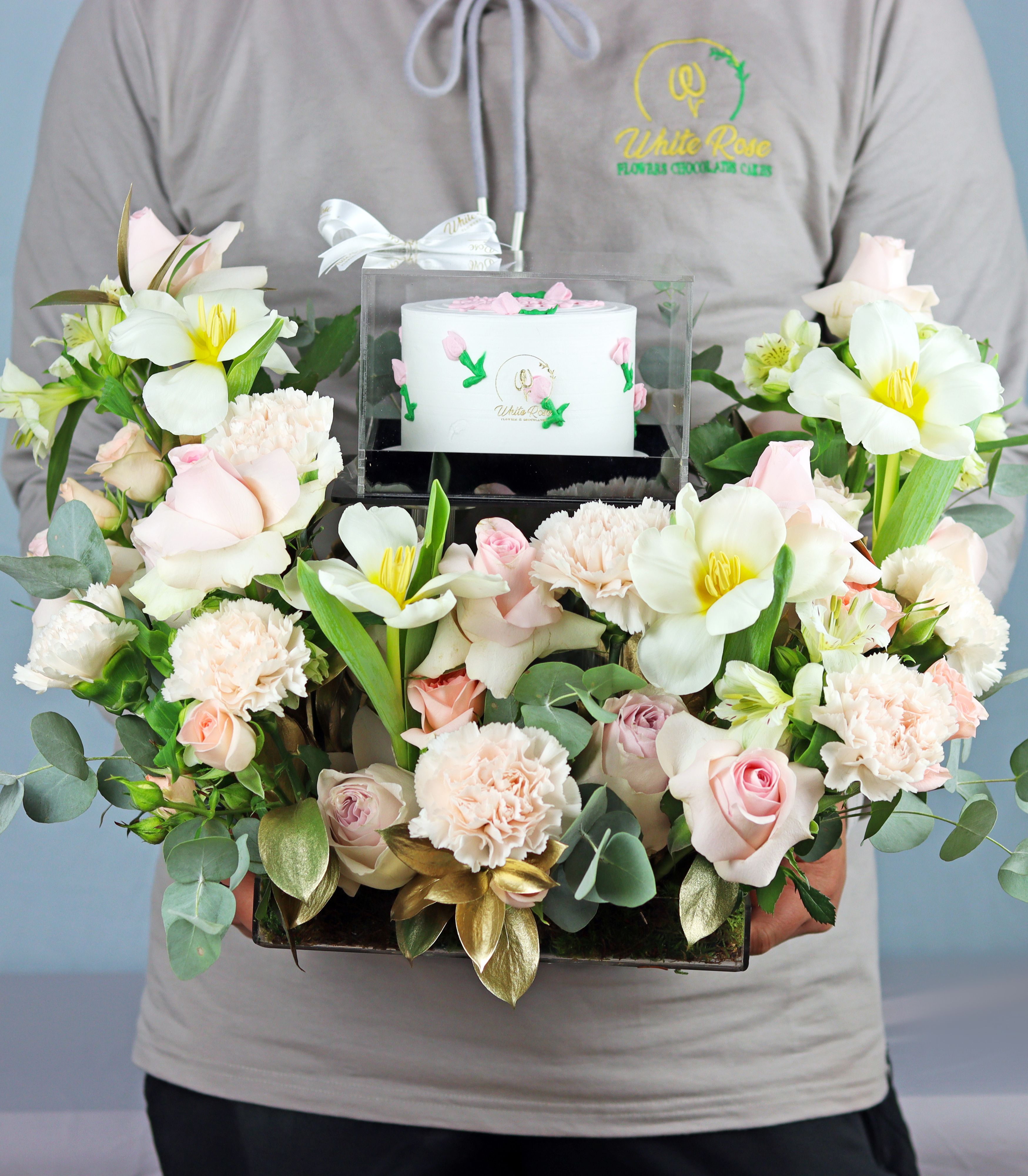 Best Wishes Flowers and Cake - Elegant Gift in Acrylic Stand