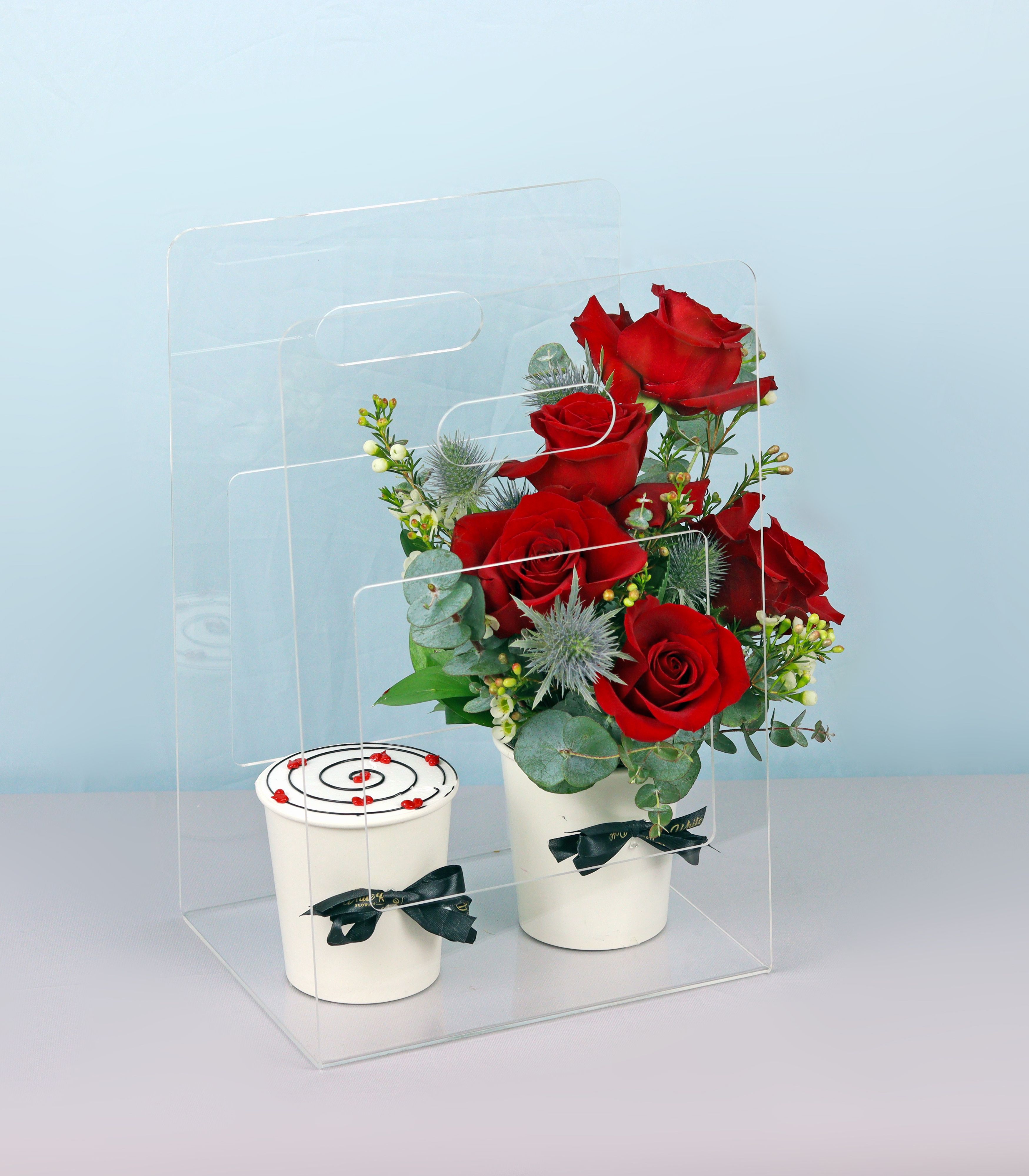 Red Rose Cake Cup - Elegant Roses and Cupcake in Acrylic Bag