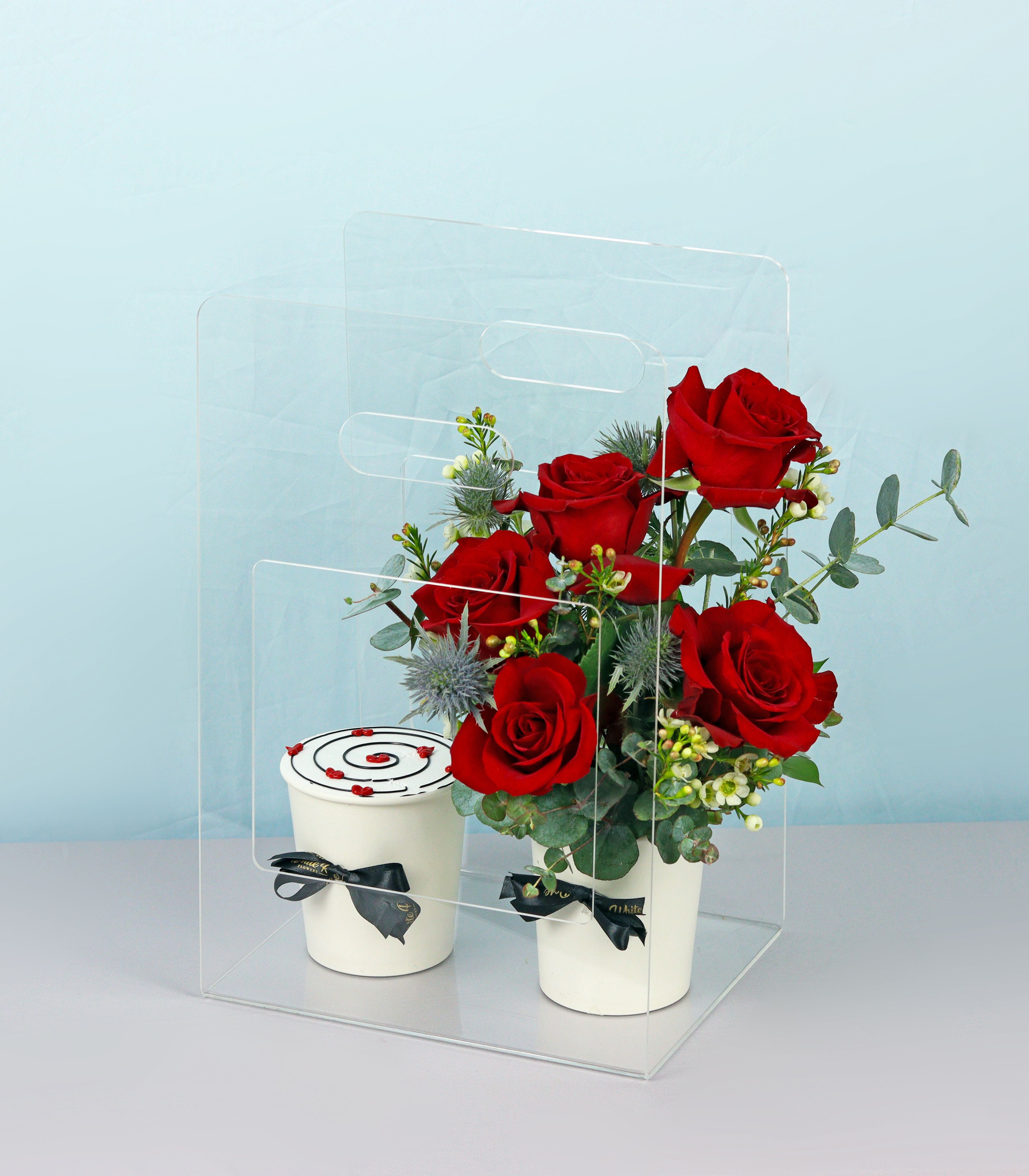Red Rose Cake Cup - Elegant Roses and Cupcake in Acrylic Bag
