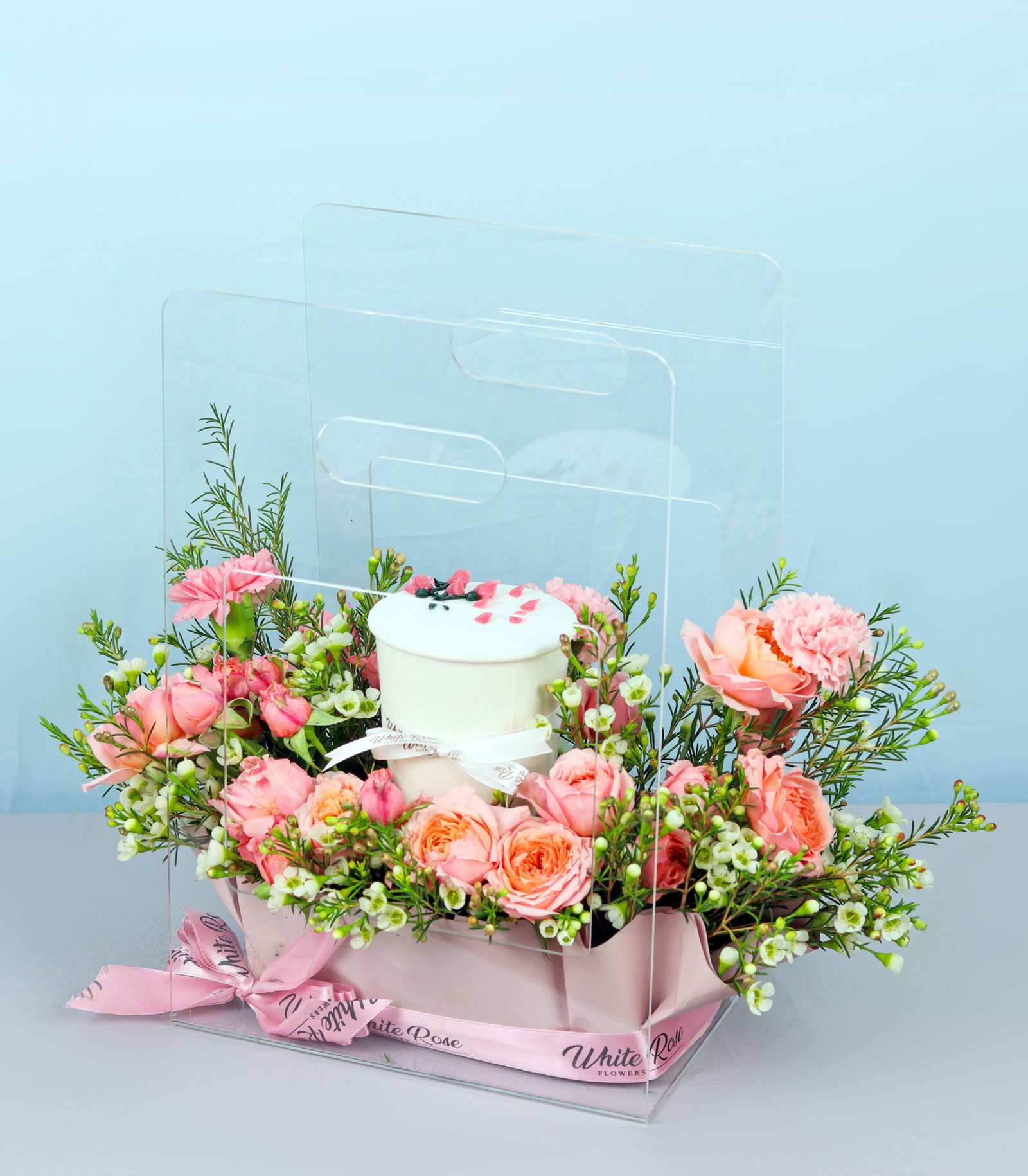Charming Pink Cake Arrangement - Flowers and Cupcake in Acrylic Bag