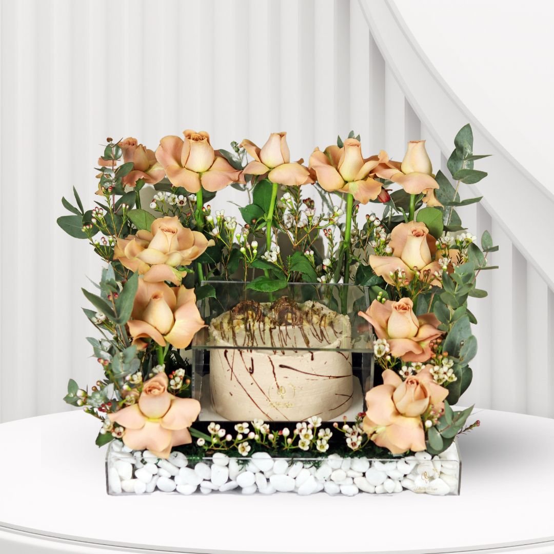 Graceful Floral Cake Arrangement - Cappuccino Roses with Ferrero Rocher Cake