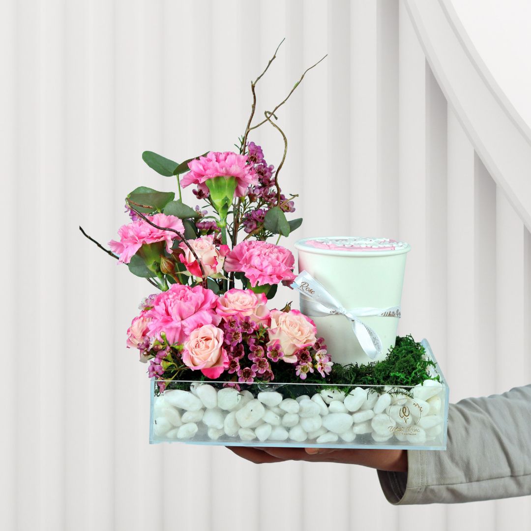 Pink Theme Creamy Cup - Carnations, Baby Roses, and Cupcake in Acrylic Tray