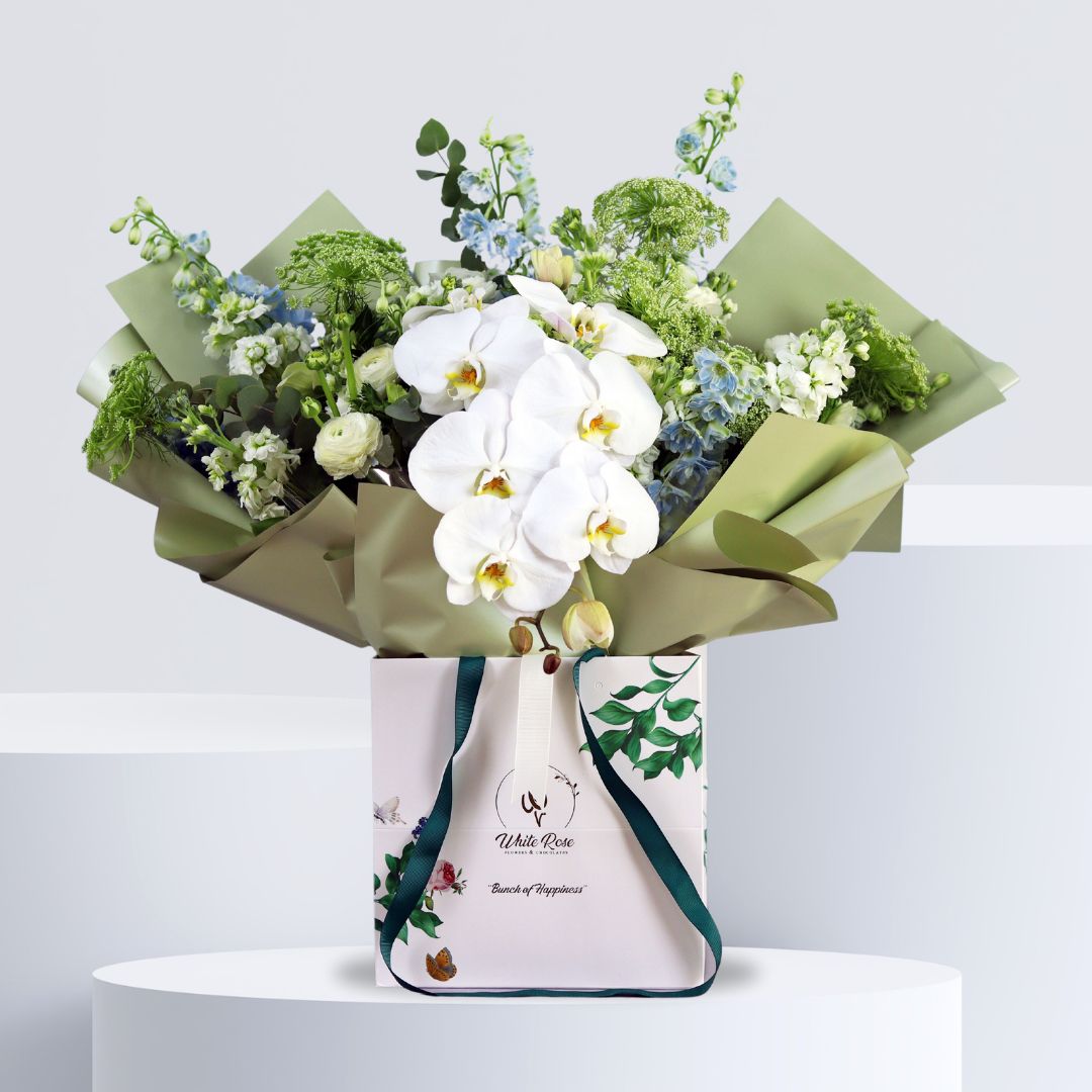 Elegant Orchid Bouquet - Phalaenopsis and Delphinium Arrangement