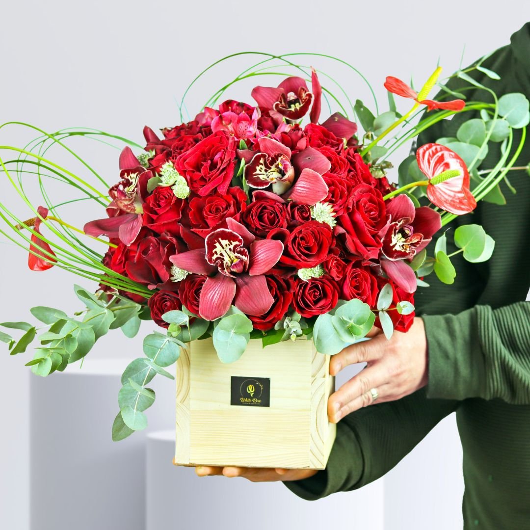 Expressing The Love Box - Red Roses and Orchids in Wooden Box