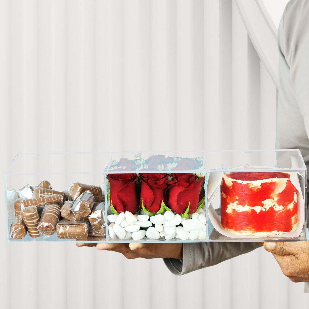 Impressive Gift Box - Red Roses, Cake, and Chocolates in Acrylic Box
