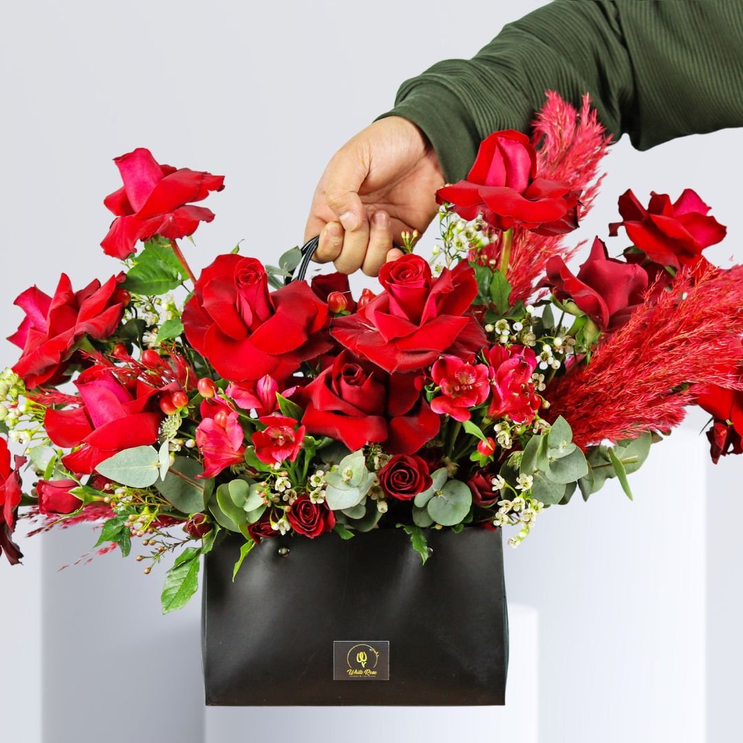 Love You Flower Bag - Red Roses and Pampas Grass in Stylish Black Bag