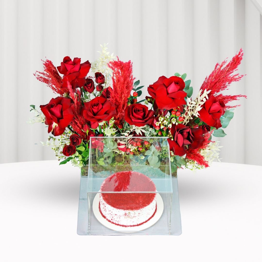 Red Garden Gift Set - Roses and Red Velvet Cake in Acrylic Box