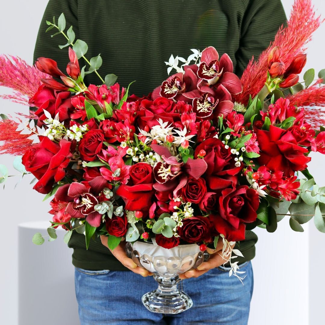You Look Great Arrangement - Red Roses, Orchids, and Pampas Grass in Vase