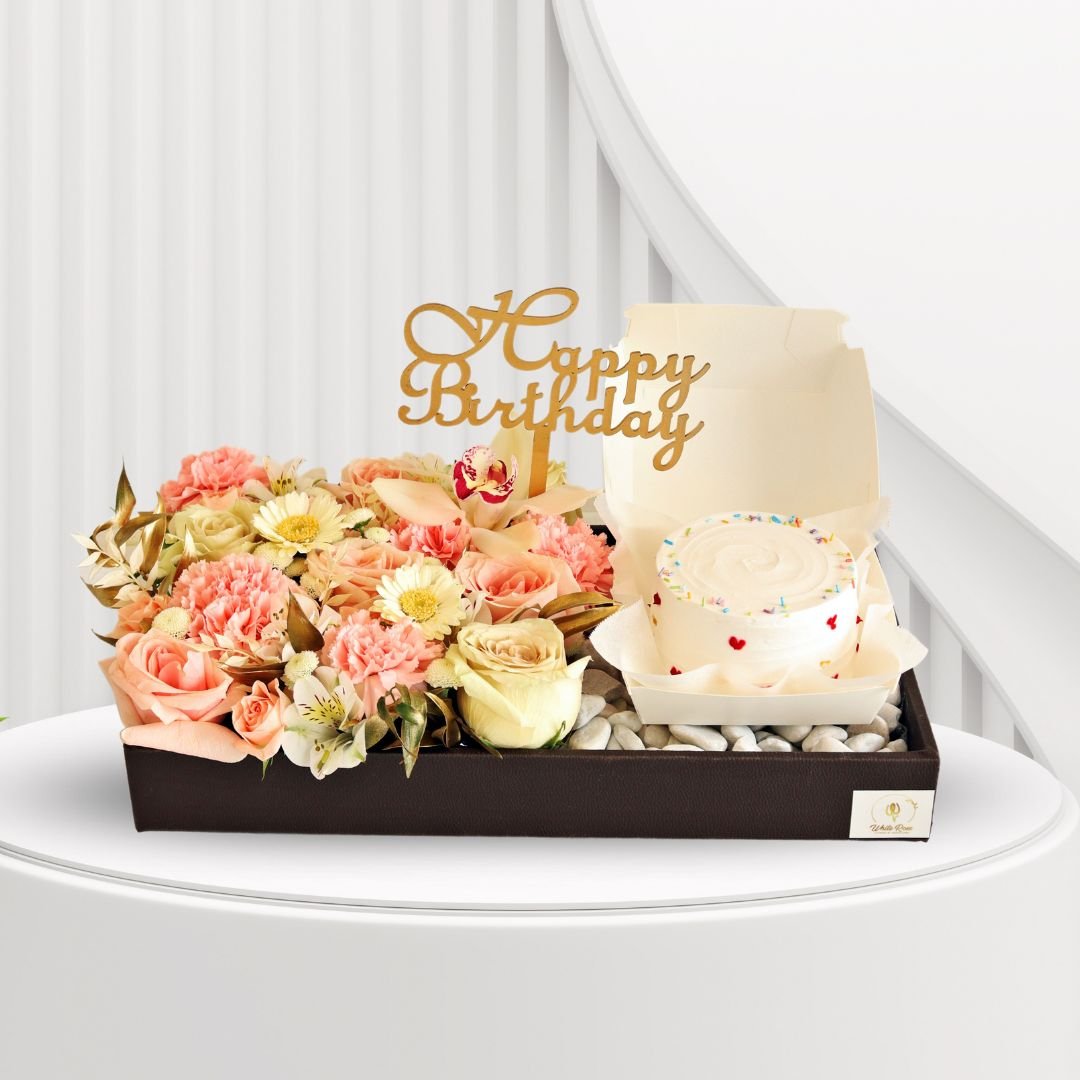 Birthday Cake Tray - Elegant Flowers and Cake Gift