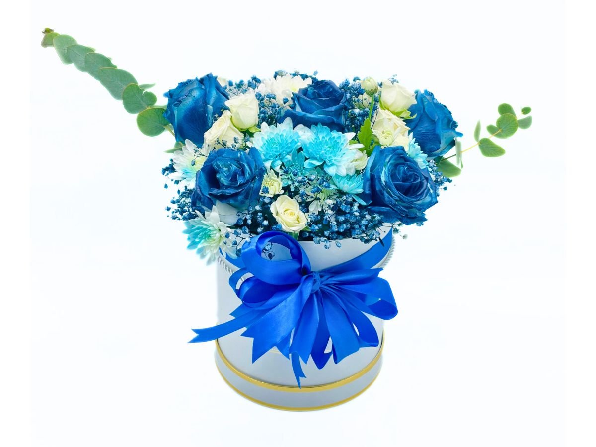 Sapphire Serenity Bouquet - Elegant Roses and Chrysanthemums in a White Box