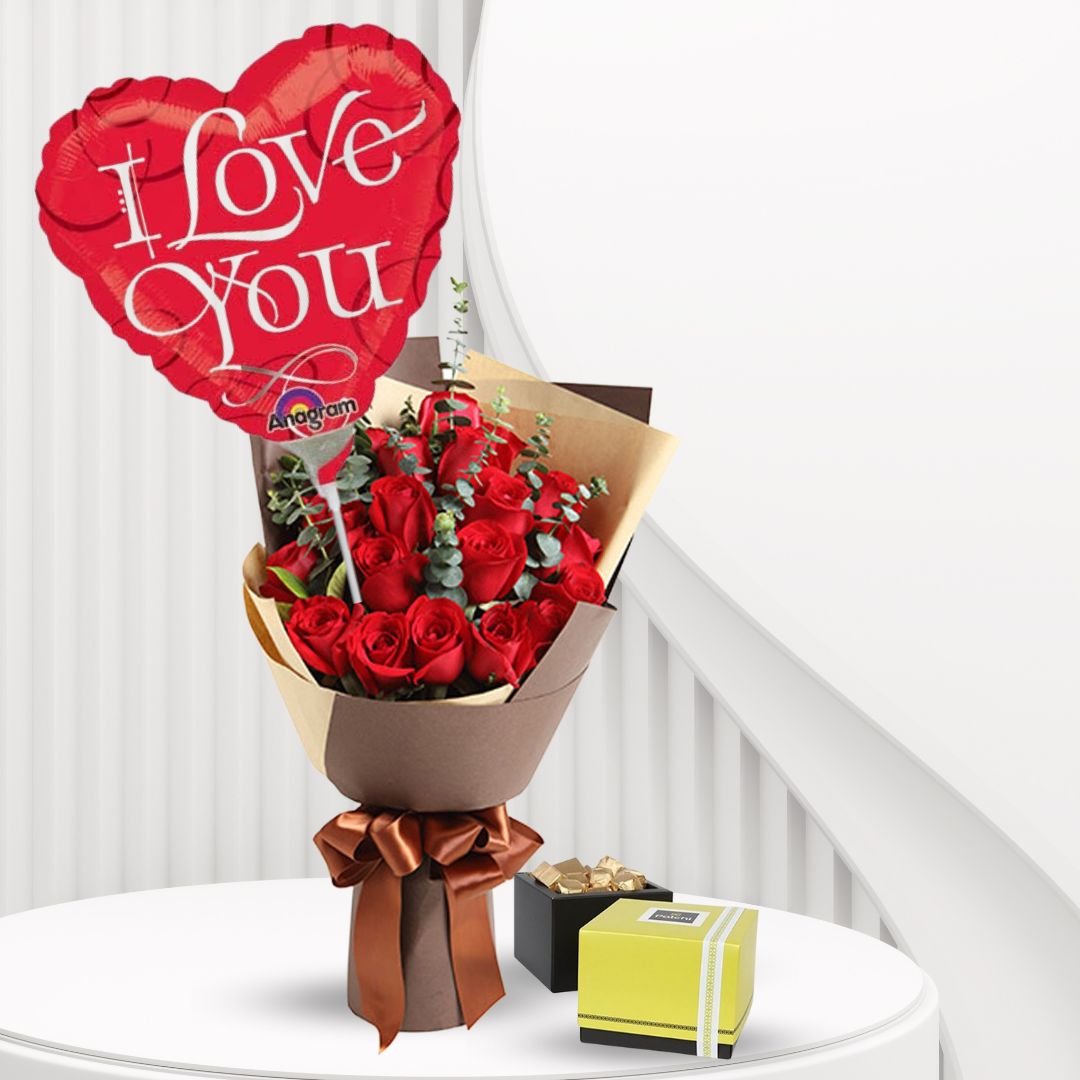 20 Red Roses, Patchi Chocolates & Balloon Gift Set