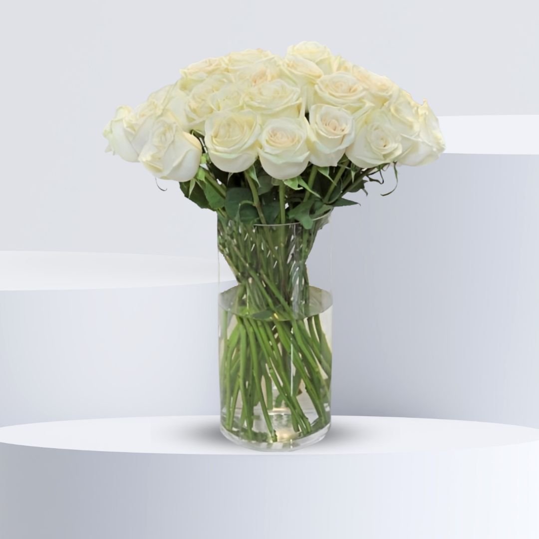 White Roses Clear Vase Arrangement - Elegant Floral Display