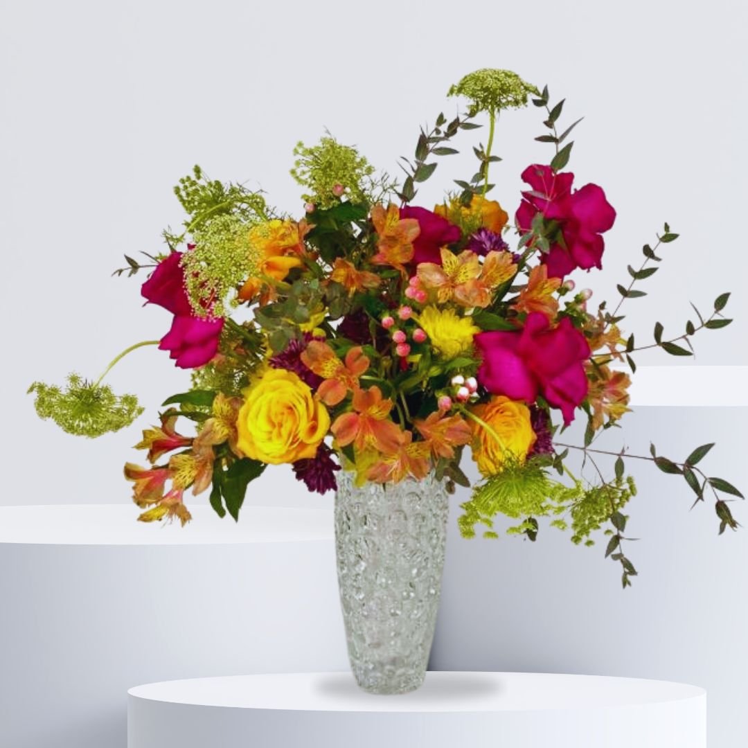 Happiness Flower Arrangement - Vibrant Floral Display in Glass Vase