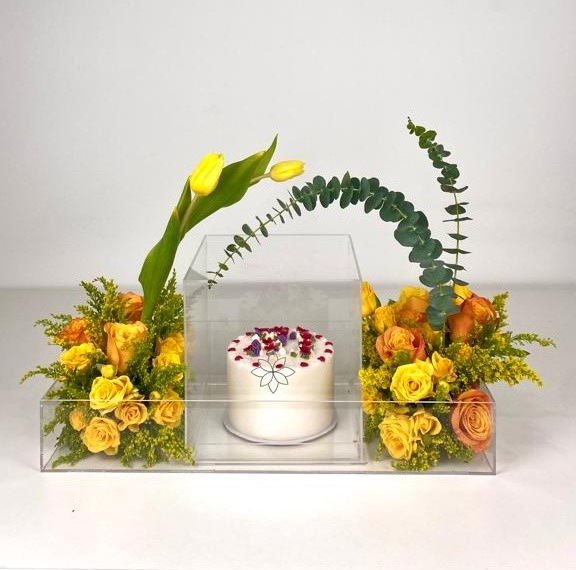 Garden of Sweetness Arrangement - Yellow Flowers & Half KG Cake